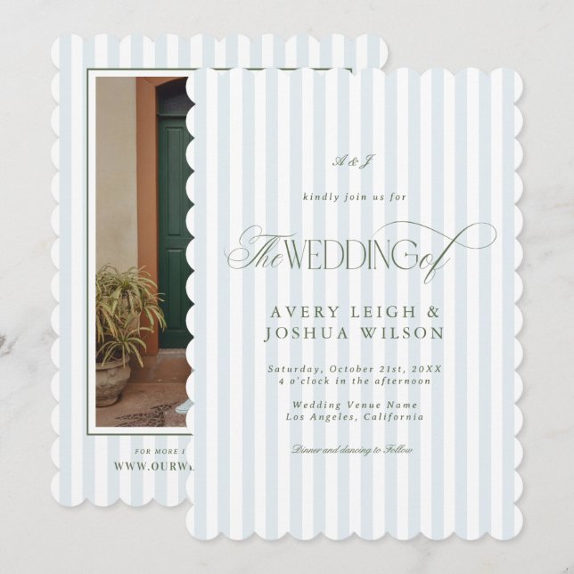 Invitación Scalloped Sage Green & Blue Stripes Classy Wedding (Anverso / Reverso)