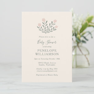 Invitación Scandi Folk Flores Rosa Claro Salvia Baby Shower