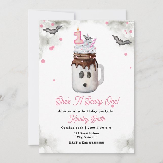Invitación Scare One First Birday Pink Ghost Milkshake (Anverso)