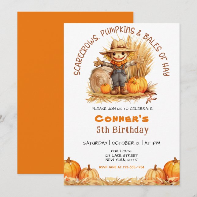INVITACIÓN SCARECROW PUMPKINS & BALES DE CUMPLEAÑOS HASTA LA  (Anverso / Reverso)