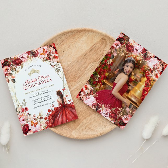 Invitación Scarlet Elegance Gold Encantado Floral Quinceanera (Subido por el creador)