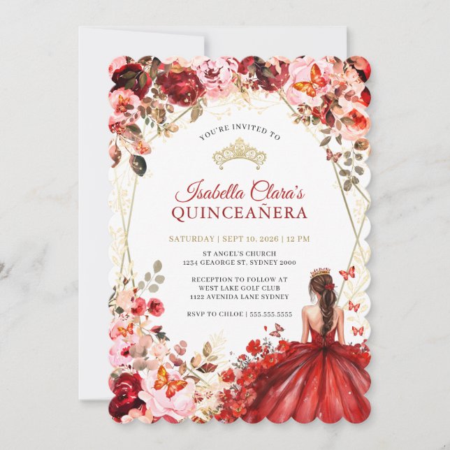 Invitación Scarlet Elegance Gold Enchanted Floral Quinceanera (Anverso)