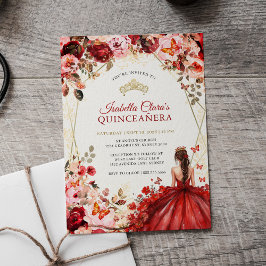 Invitación Scarlet Elegance Gold Enchanted Floral Quinceanera