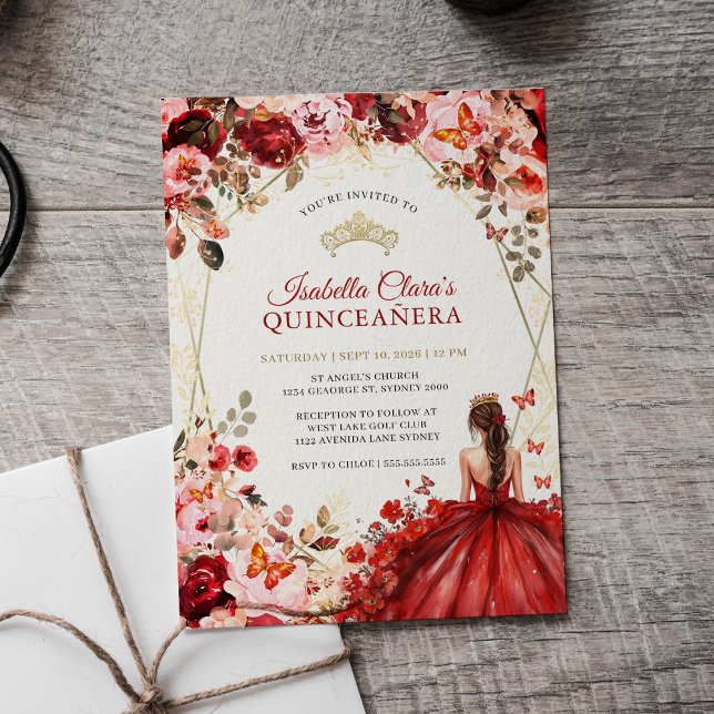 Invitación Scarlet Elegance Gold Enchanted Floral Quinceanera (Subido por el creador)
