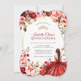 Invitación Scarlet Elegance Gold Enchanted Floral Quinceanera