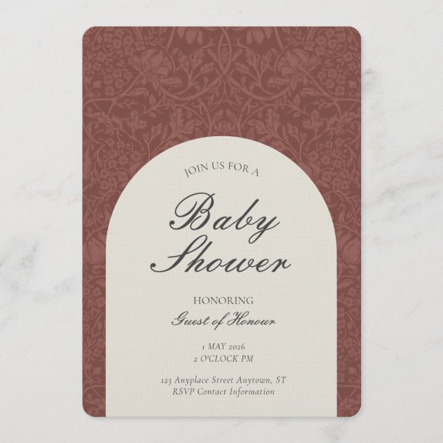 Invitación Scarlet Traditional Floral Arts and Crafts Shower (Anverso)