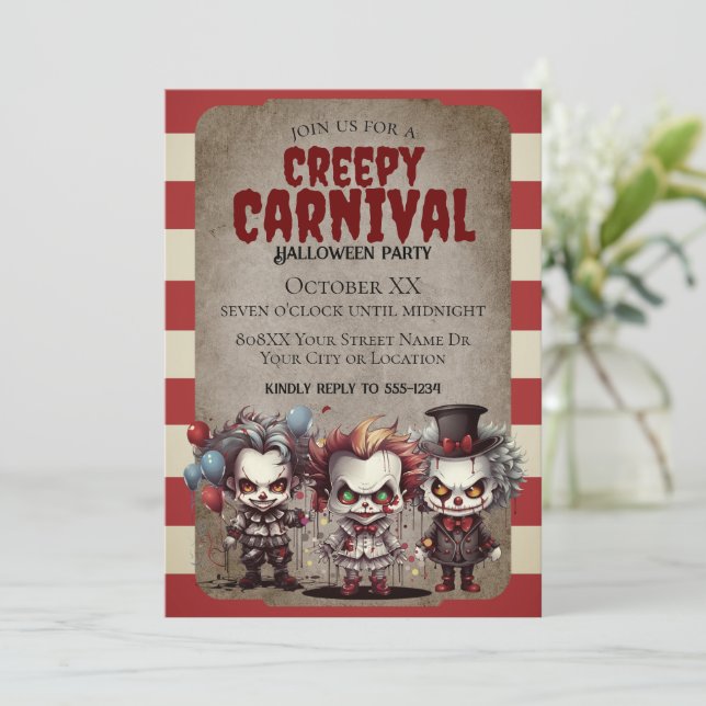 Invitación Scary Clowys Fiesta del Carnaval de Halloween (Anverso de pie)