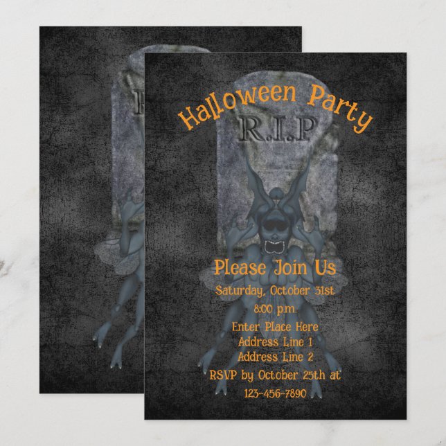 Invitación Scary Goblin Gravestone Halloween (Anverso / Reverso)