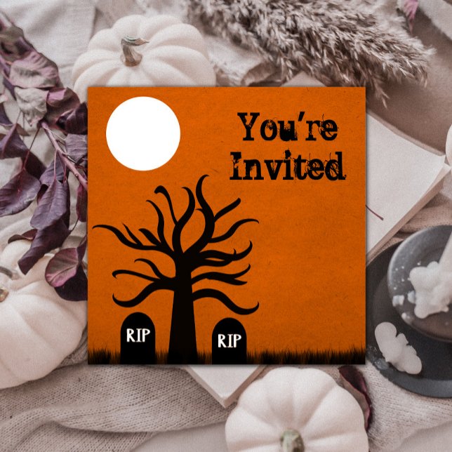 Invitación Scary Graveyard Invitada de Halloween, Naranja (Scary Graveyard Halloween Invite - Orange)