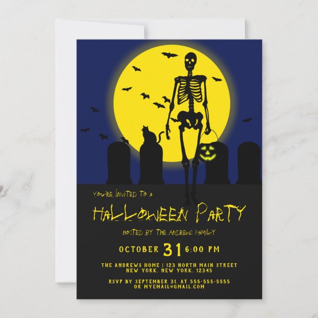 Invitación Scary Skeleton Cat Bats Graveyard Scene Halloween (Anverso)