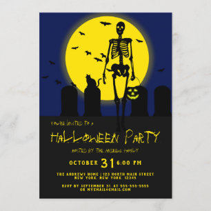 Invitación Scary Skeleton Cat Bats Graveyard Scene Halloween