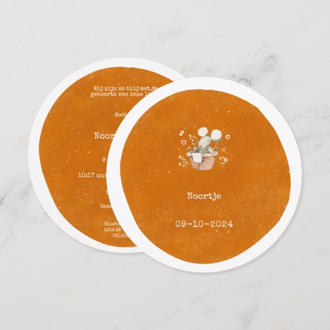 Invitación Schattig baby muisje op geel / oranje achtergrond (Anverso / Reverso)