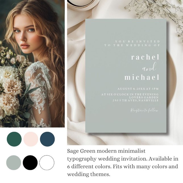 Invitación Schlicht elegante (Green modern minimalist 
typography wedding invitation. Available in 6 different colors. )