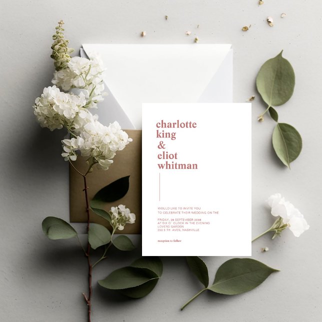 Invitación Schlicht moderna Weiß, Braun einladung (Modern, simple, white wedding invitation with brown font.)
