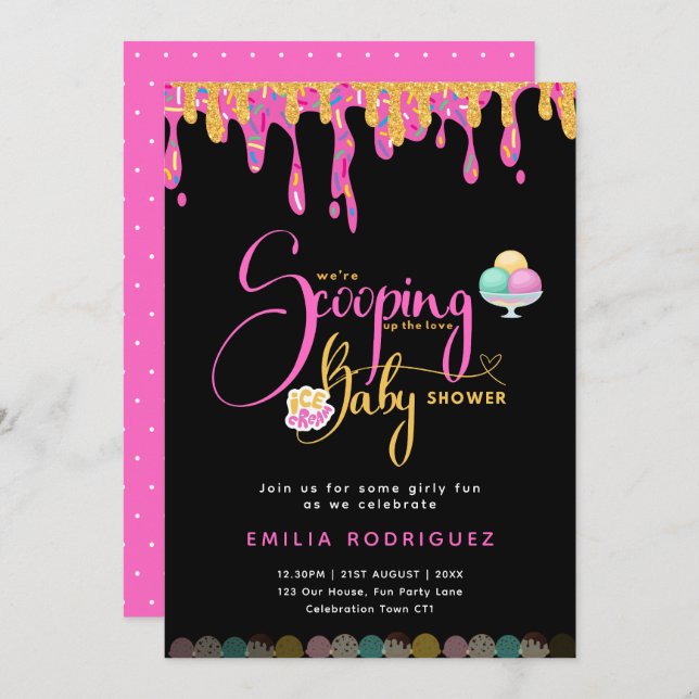 Invitación Scoop Love helado bebé niña ducha (Anverso / Reverso)