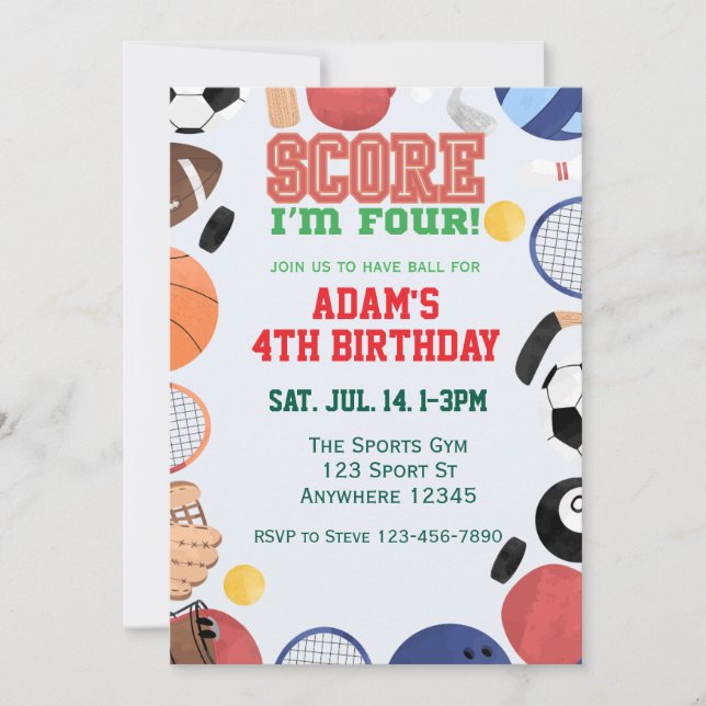 Invitación Score I'm Four, Sports 4th Birthday (Anverso)