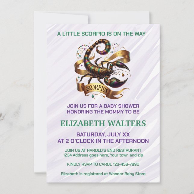 Invitación Scorpio Zodiac Baby Shower Lavender and Green (Anverso)