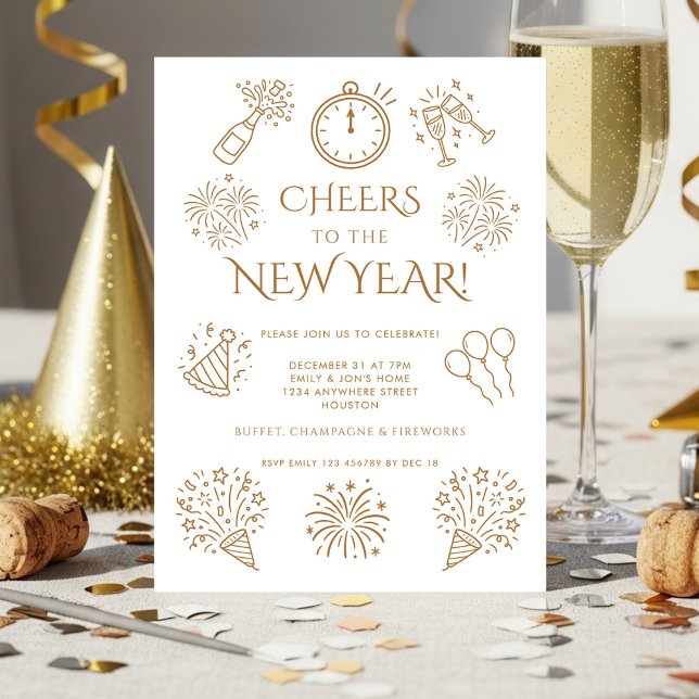 Invitación Scribble Doodles Gold Cheers to New Year Party (Subido por el creador)