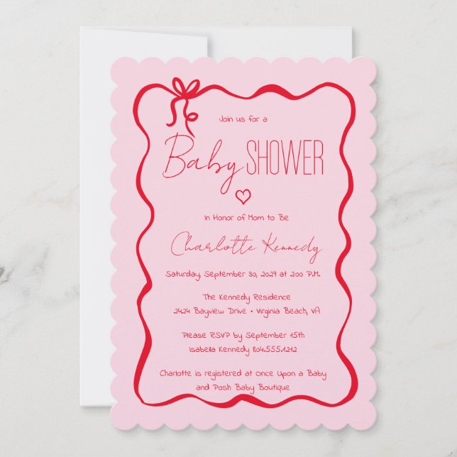 Invitación Scribble Hand Drawing Doodle Bow Baby Shower (Anverso)