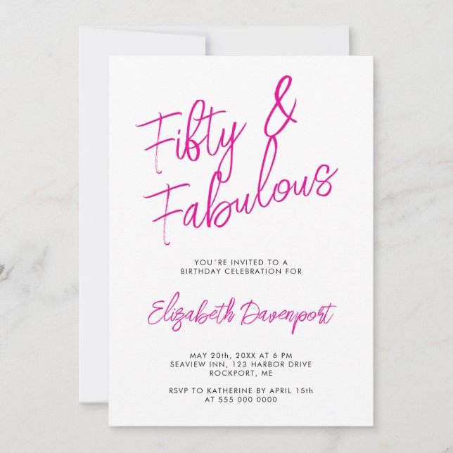 Invitación Script 50 y Fabuloso Cumpleaños Negro y Rosa (Anverso)
