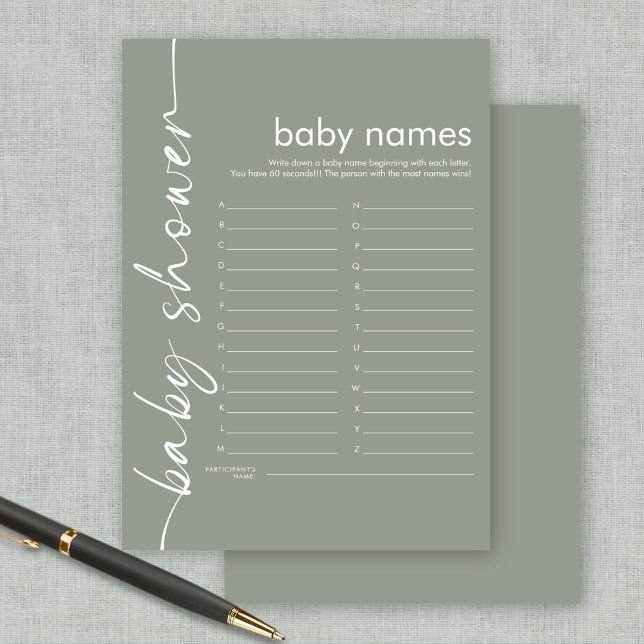 Invitación Script Baby Names Shower Game Sage Card (Available digitally or printed)