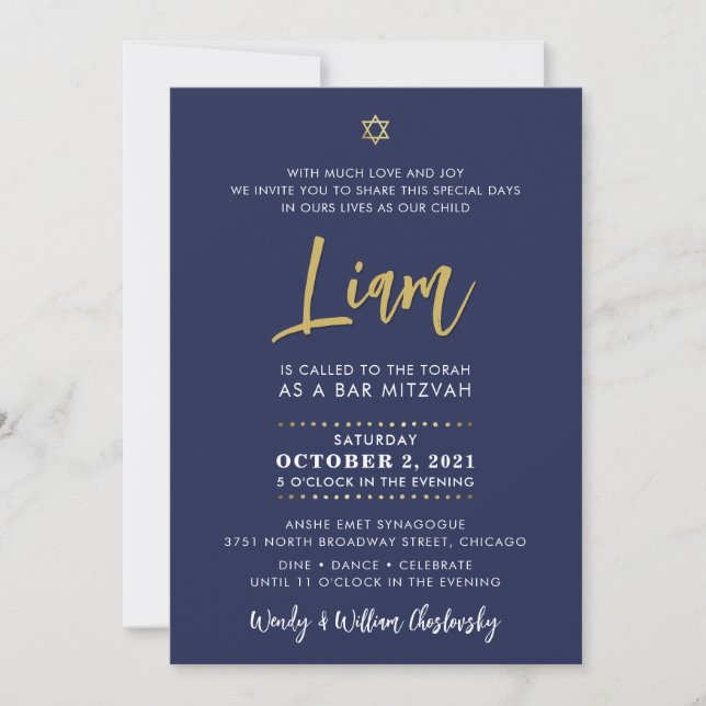 Invitación SCRIPT BAR MITZVAH grabado dorado azul marino (Anverso)