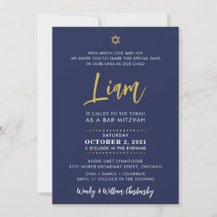 Invitación SCRIPT BAR MITZVAH grabado dorado azul marino