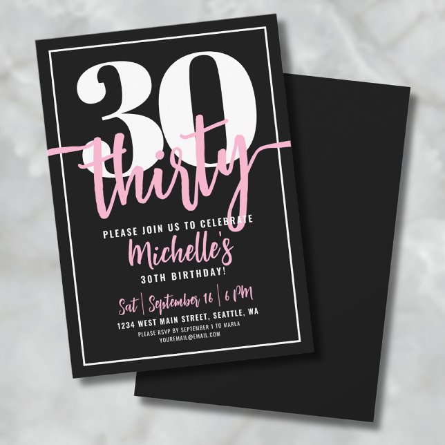 Invitación Script Black 30 Birthday Fiesta (Modern Black 30th Birthday Party Invitation )
