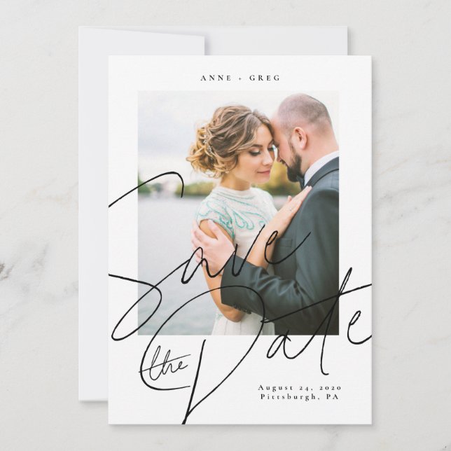 Invitación Script Black White Save the Date Photo Card (Anverso)