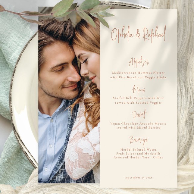 Invitación Script Boho Photo Cream Boda Card (Menu Front and back view. Available printed or digitally. Optional add your photo on the back.)