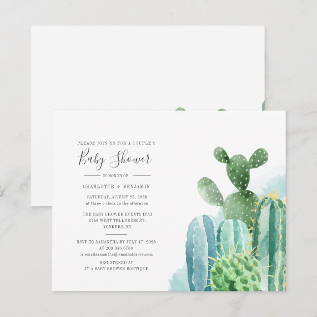 Invitación Script de acuarela de Baby Shower Parejas Cacti (Anverso / Reverso)