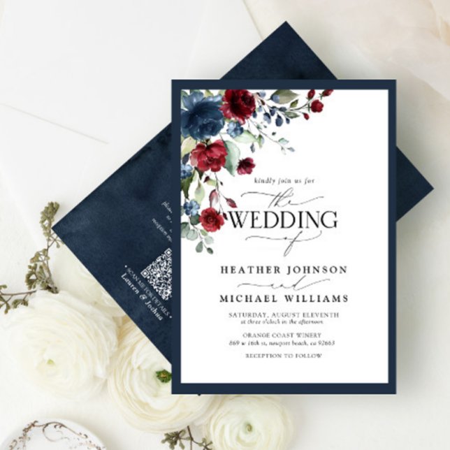 Invitación Script de acuarela floral azul de la marina QRCode (Subido por el creador)