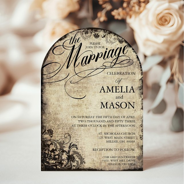 Invitación Script de caligrafía de época florece Boda (Arched Wedding invitation with vintage script calligraphy)