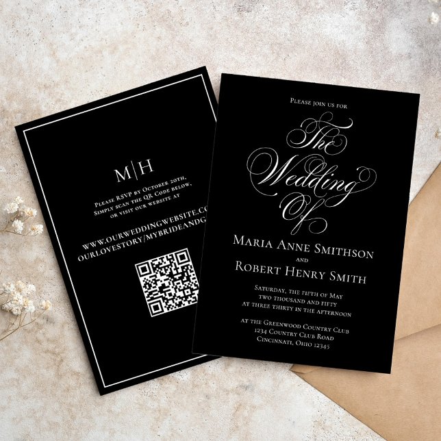 Invitación Script de caligrafía elegante en blanco y negro fo (Elegant Black and White wedding invitation with stylish calligraphy script. )