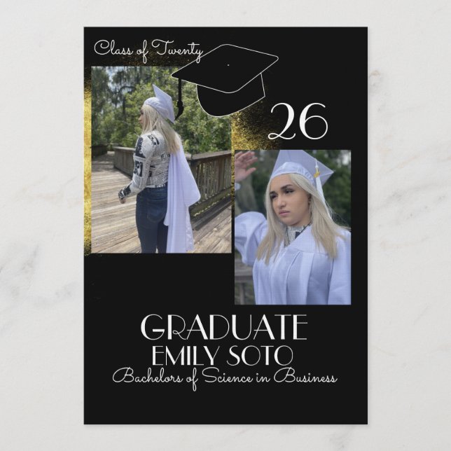 Invitación Script de Collage de Graduación 2026 Dorado Negro (Anverso)