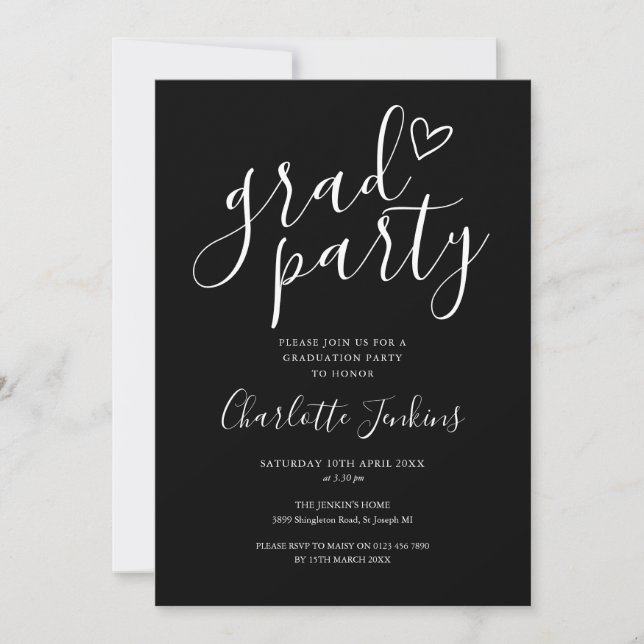 Invitación Script de fiesta de graduación de corazón de fiest (Anverso)