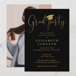 Invitación Script de fiesta de graduación negro y dorado Foto