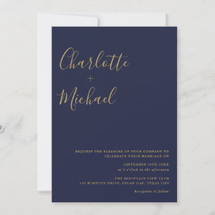 Invitación Script de firma minimalista boda azul marino dorad