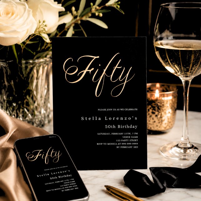Invitación Script de oro negro elegante cumpleaños 50 lujo (Subido por el creador)