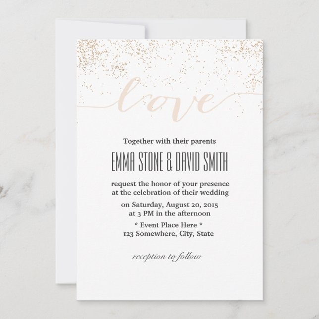 Invitación Script de puntos de confeti moderno amor boda (Anverso)