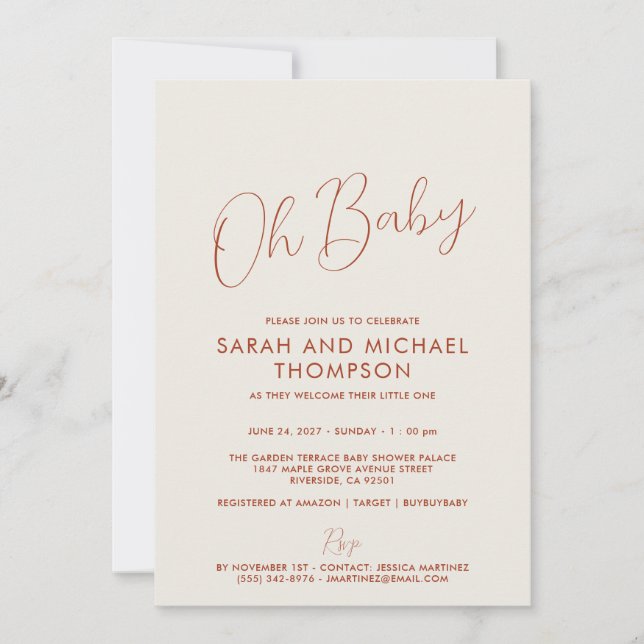 Invitación Script elegante para baby shower de marfil moderno (Anverso)