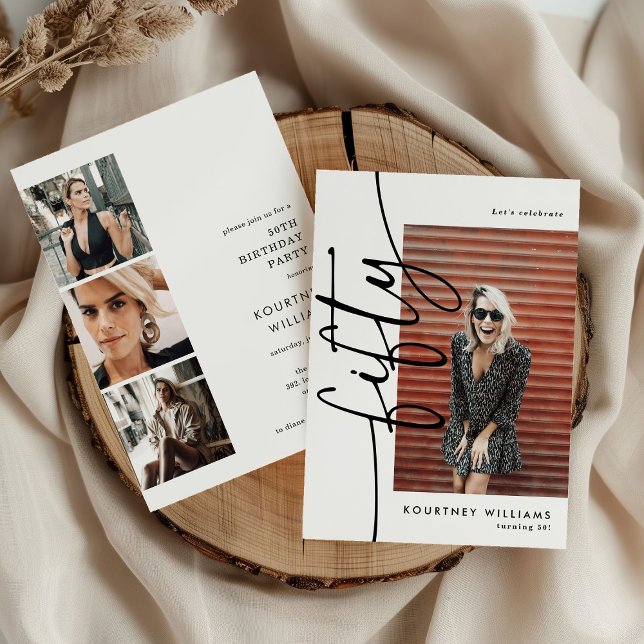 Invitación Script Fifty 4 Photo Collage 50th Birthday (Subido por el creador)