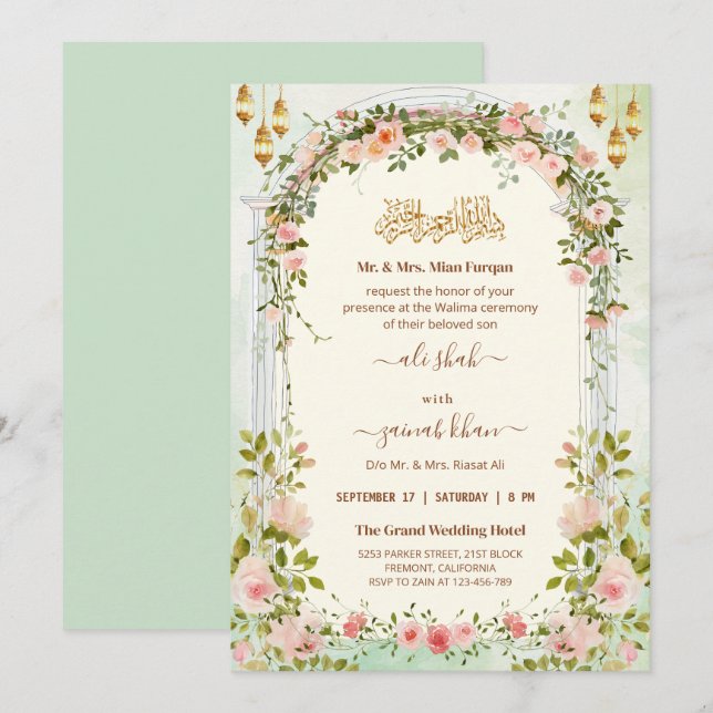 Invitación Script Floral Arch Walima Islamic Wedding   (Anverso / Reverso)