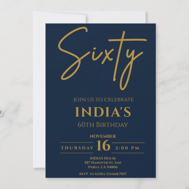 Invitación Script Gold & Blue 60th Birthday party Invitation (Anverso)