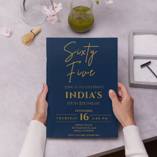 Invitación Script Gold & Blue 65th Birthday party