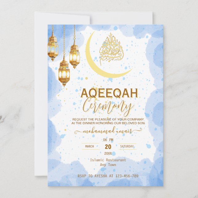 Invitación Script gold crescent Baby Boy Aqiqah Invitation (Anverso)