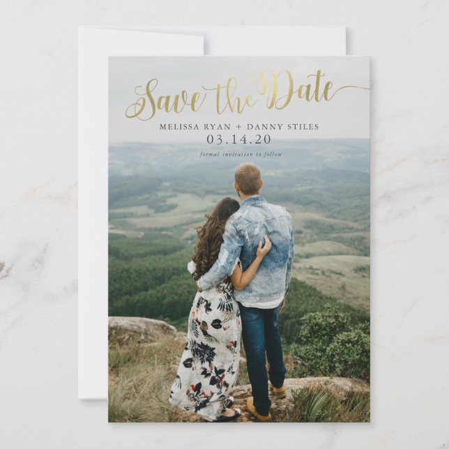Invitación Script Gold Photo Save the Date Cards (Anverso)