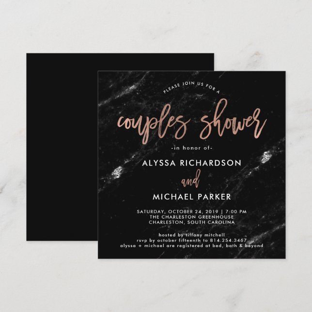 Invitación Script Gold Rosa| Ducha de parejas de mármol negro (Anverso / Reverso)
