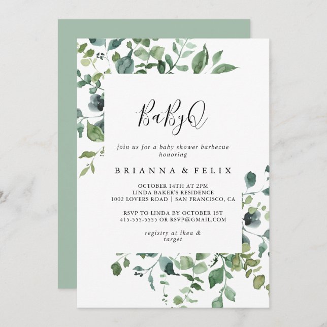 Invitación Script Green Foliage BabyQ Baby Shower Barbecue (Anverso / Reverso)