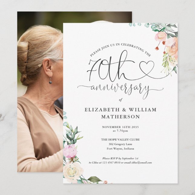 Invitación Script Heart Floral Photo 70 Aniversario (Anverso / Reverso)